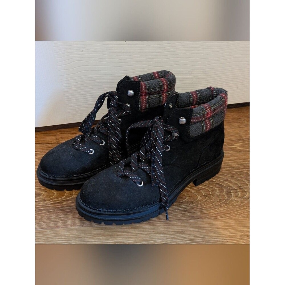 SO Haileyy Women's Hiking Boots Black with Red & Gray Plaid Collar